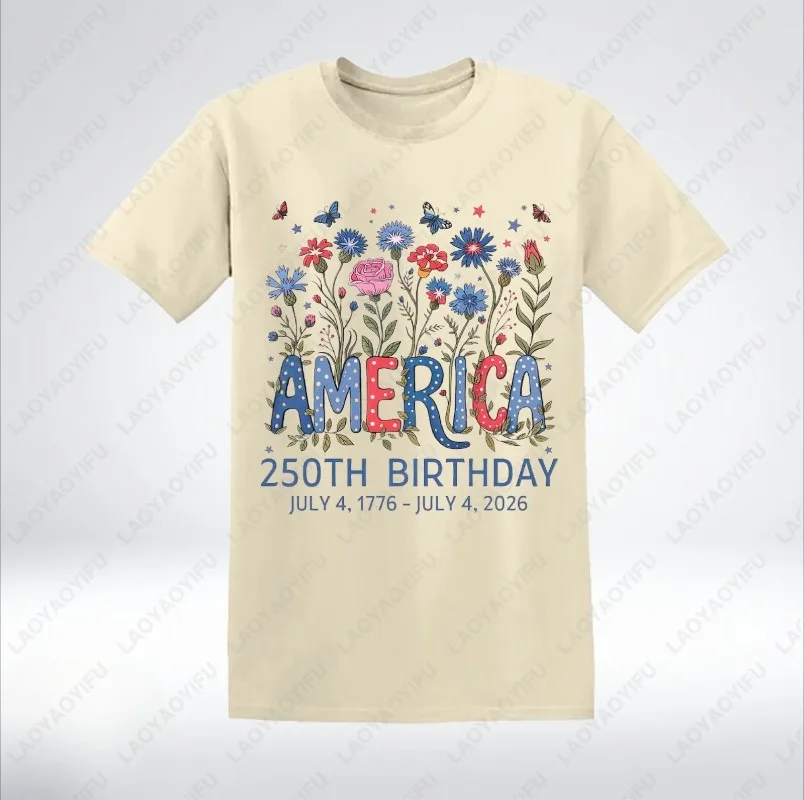 The United States 250th Birthday Floral Patriotic July 4 1776-2026 Cotton Tshirts Casual Style Tops Ropa Mujer Clothes for Women