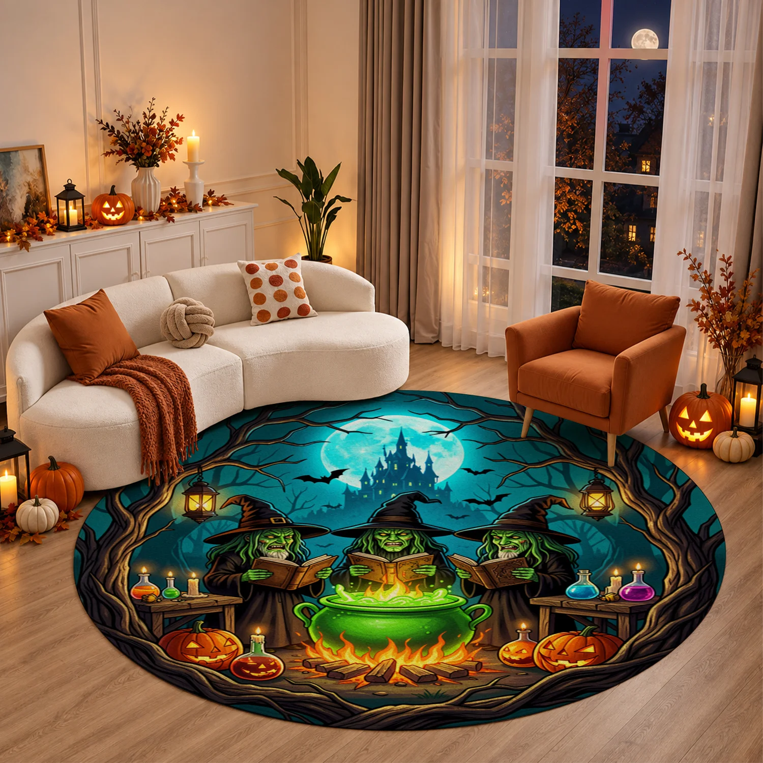 Witch Cauldron Pumpkin Full Moon Forest Pattern Round Velvet Rug, Machine Washable, Resists Shifting, For Living Room, Bedroom, Entryway, Dining Area, Ideal for Halloween, Thanksgiving, Christmas, New Year, Black Friday, Cyber Monday Home Decor