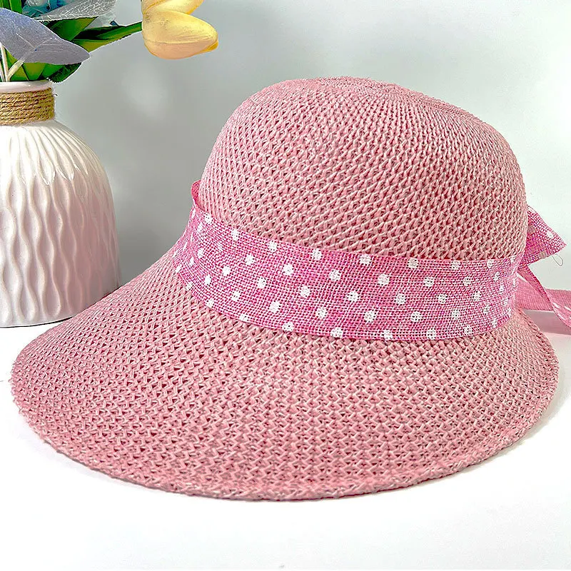 Sombrero de sol con lazo de ala grande para mujer, gorro de playa con protección UV para viajes de verano, moda versátil, cinta de lino con lunares,