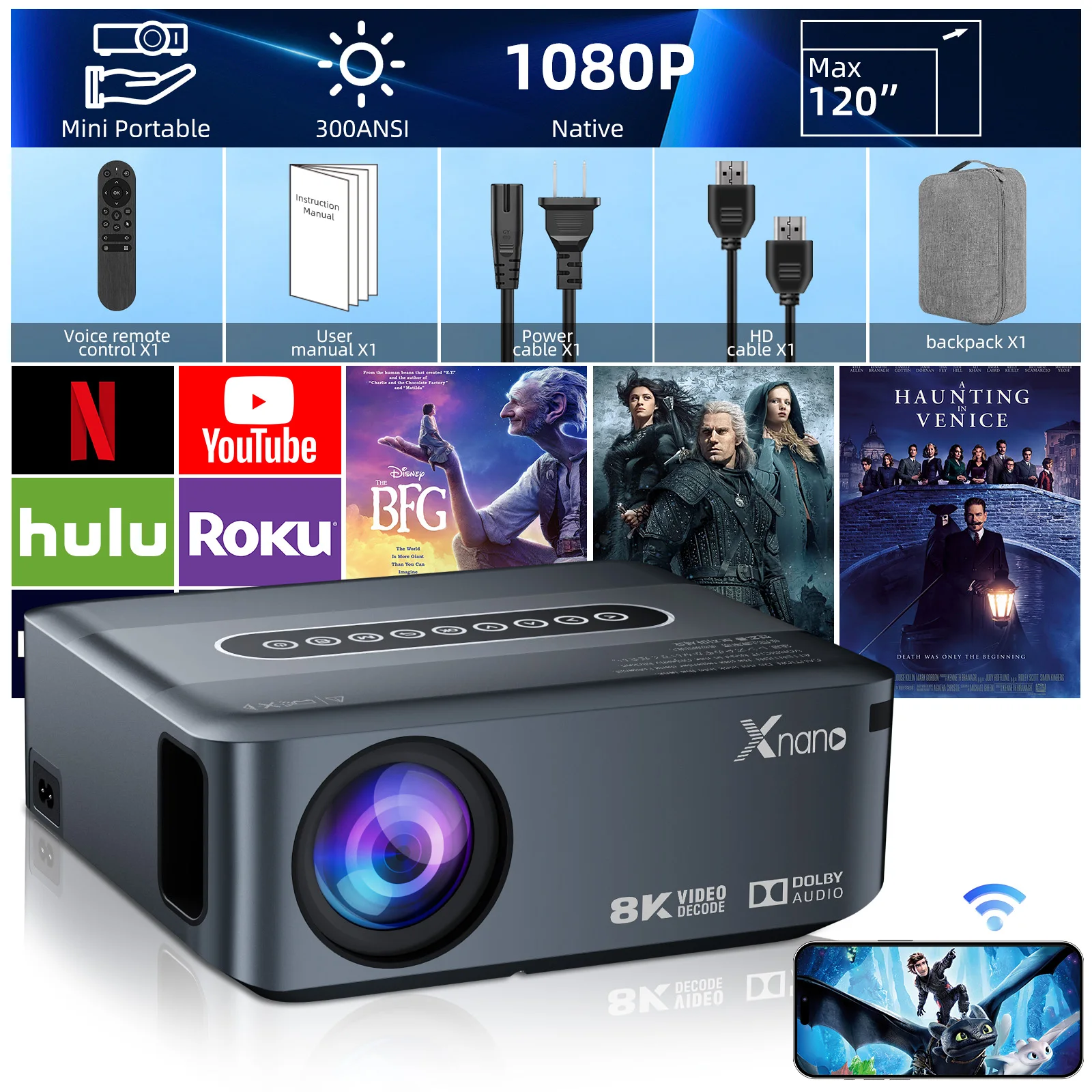 

Портативный проектор Xnano Smart Projector 1080P 8K 400ANSI с Dolby Mobile, двойной ОС Android 9, Wi-Fi 6, Bluetooth 5.0, автофокусом для домашнего и уличного кинотеатра