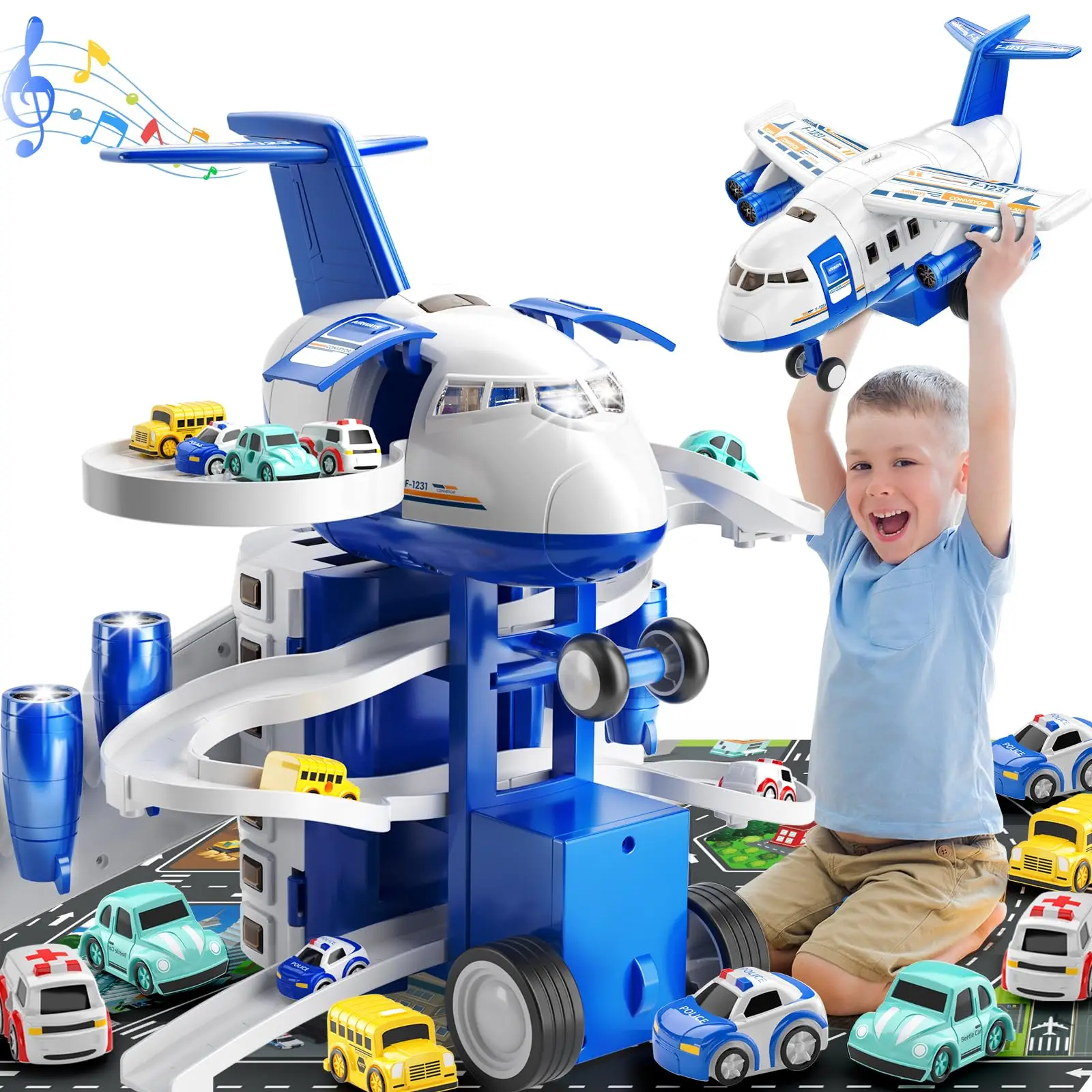 

Children's 2-in-1 Transforming Aircraft Track Toy Car with Storage Garage Parking Game Set Includes 14 Road Signs 4 City Engines