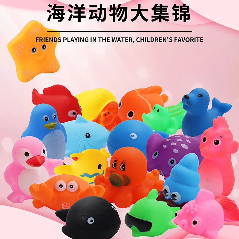 15pcs Baby Cute Animals Bath Toy Marine Animals Swimming Water Toys Rubber Float Squeeze Sound  Kids Wash Play Funny Gift