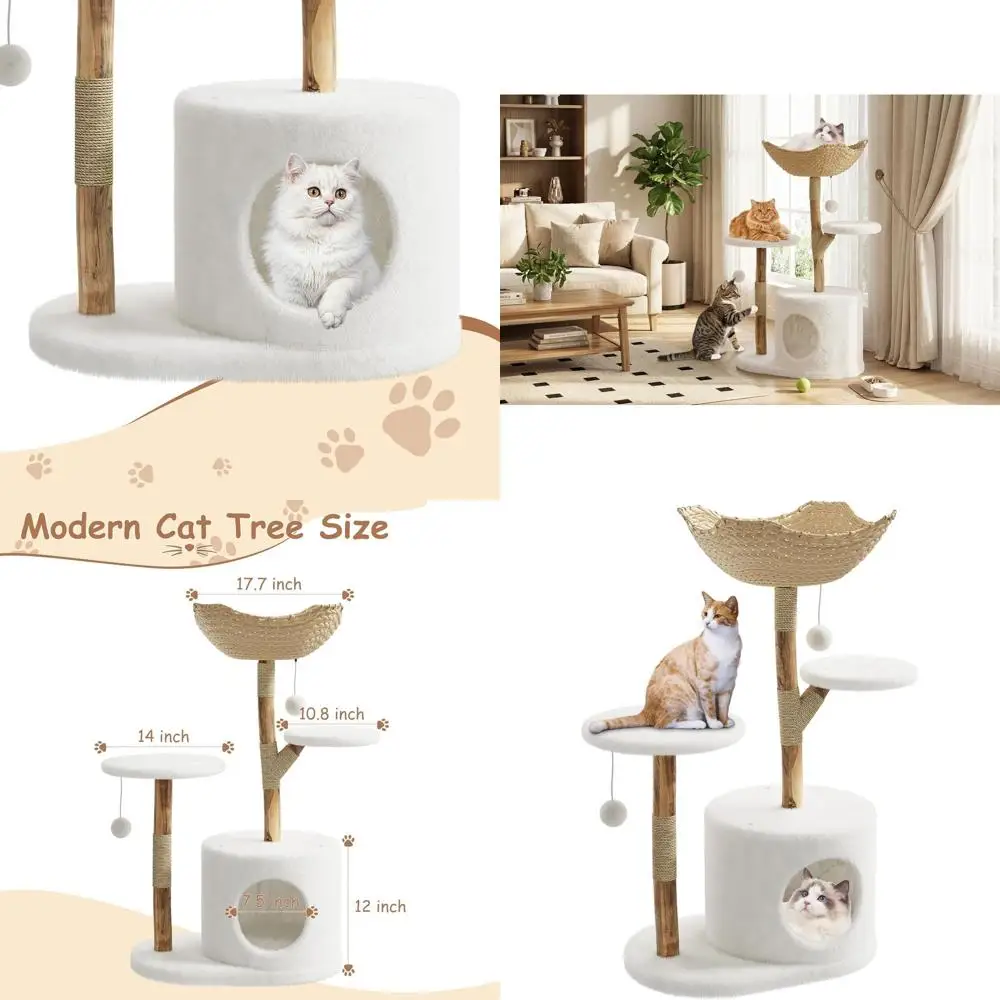 

Large Cat Tree Tower with Bed, Wicker Basket & Condo - Wooden Scratching Post, Natural Climbing Tree Stand