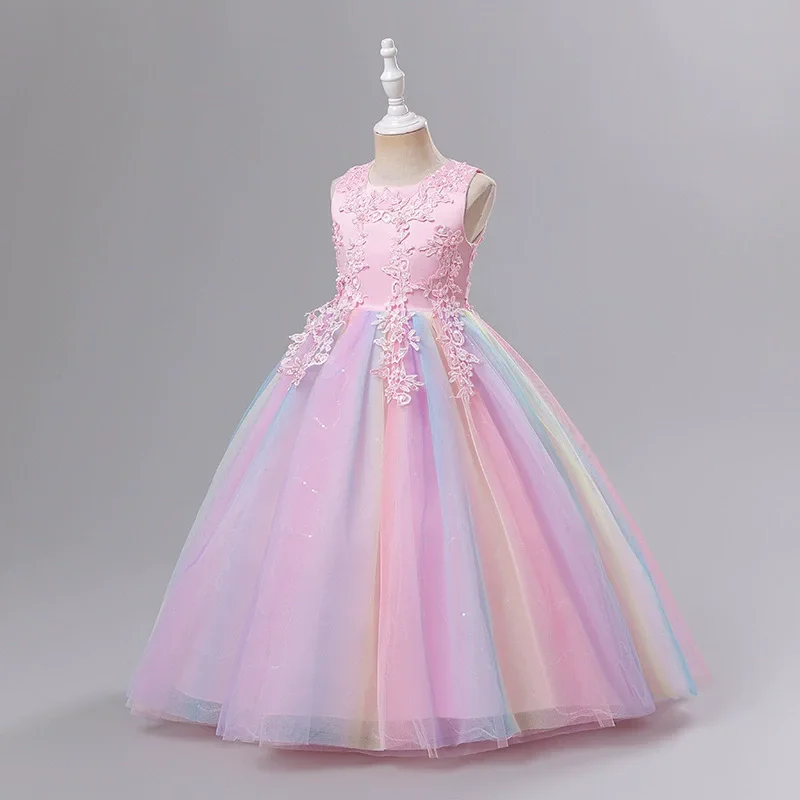 Girls Dress 3-14Y Sleeveless Lace Embroidery Tulle Princess Dress Kids Formal Evening Gown Birthday Party Flower Girl Dress