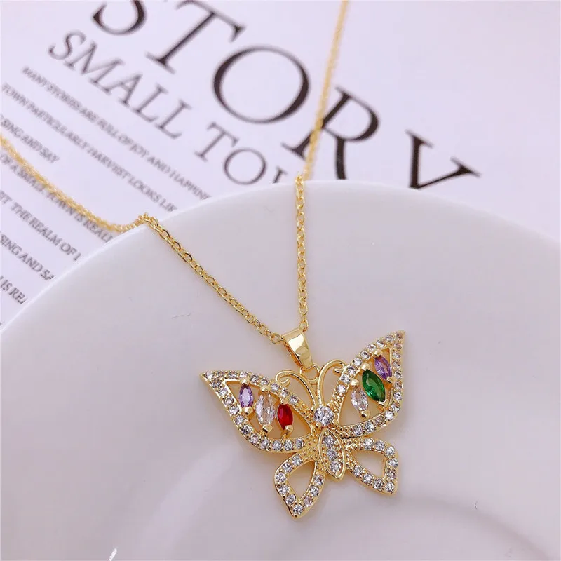 Luxury Colorful Zircon Big Butterfly Pendant Necklace Stainless Steel Choker Collar Jewelry Party Gifts For Women Girls