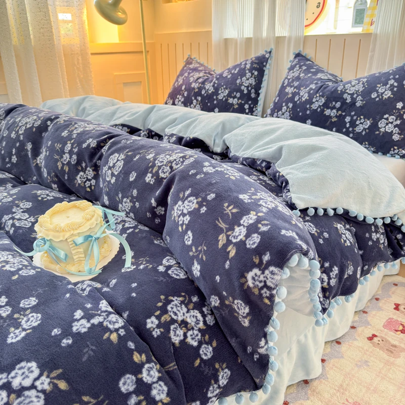 Warm Cute Printed duvet cover set with pillowcase Winter Pom-Pom Quilt cover 3PCS set Thick Fleece bedding set for doulbe bed