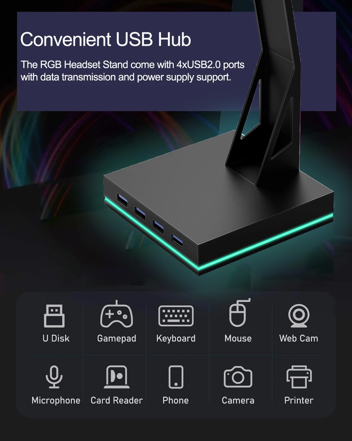 Hot Sale RGB Gaming Stand 4 USB 2.0 Hub Headset Stand Gaming Headphone Holder for Gamer Gaming PC Accessories view 4
