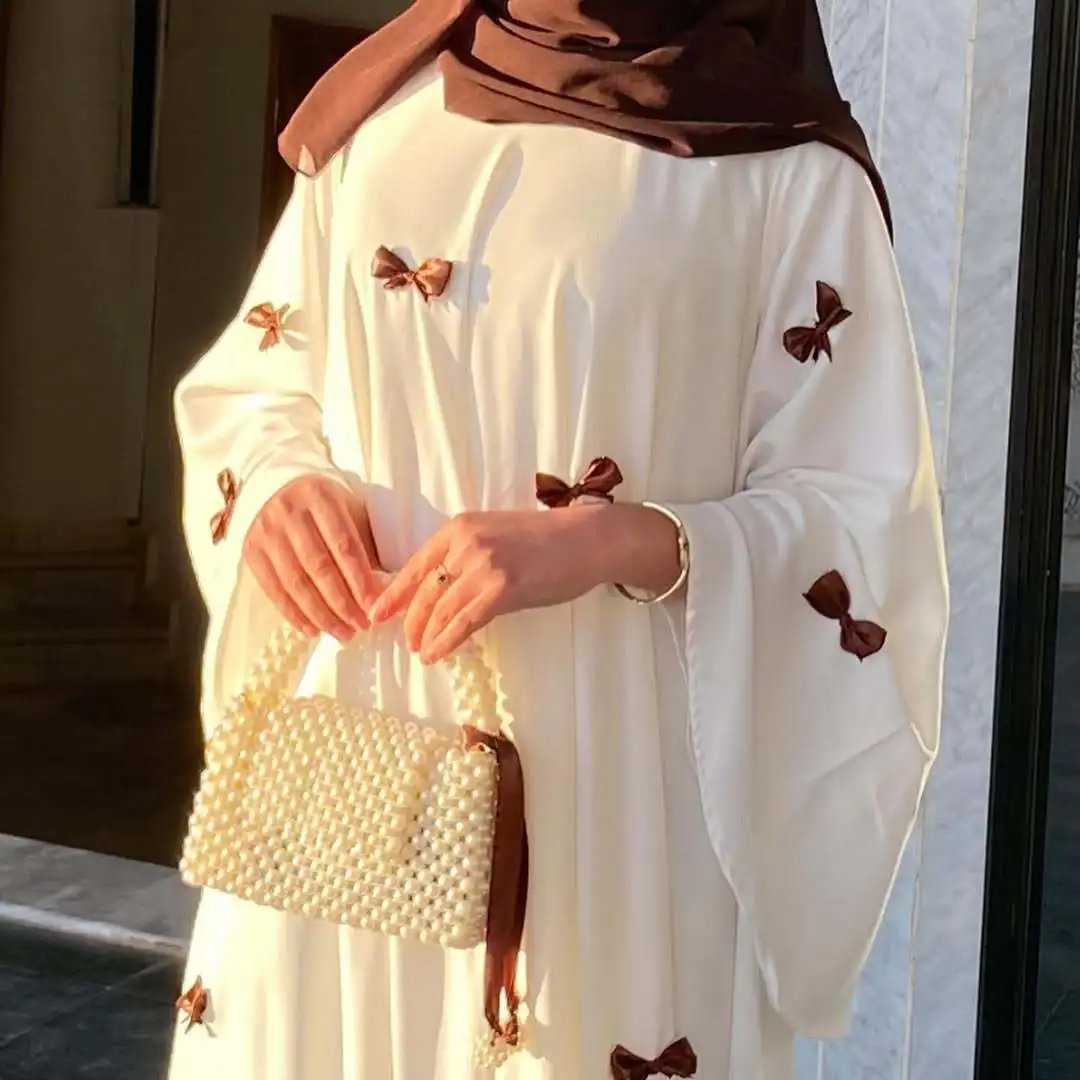 

Muslim Abaya Dress for Eid Women Arab Bow Flare Sleeve Long Robe Jalabiya Ramadan Dubai Kaftan Vintage Fairy Like Puff Sleeve