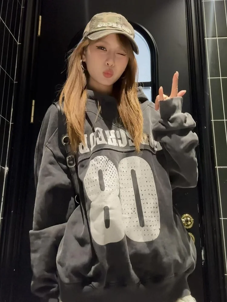 

Ретро-американская толстовка с капюшоном для женщин, осенне-зимняя, утепленная, в стиле High Street, трендовая, в стиле Lazy Sle, парная куртка