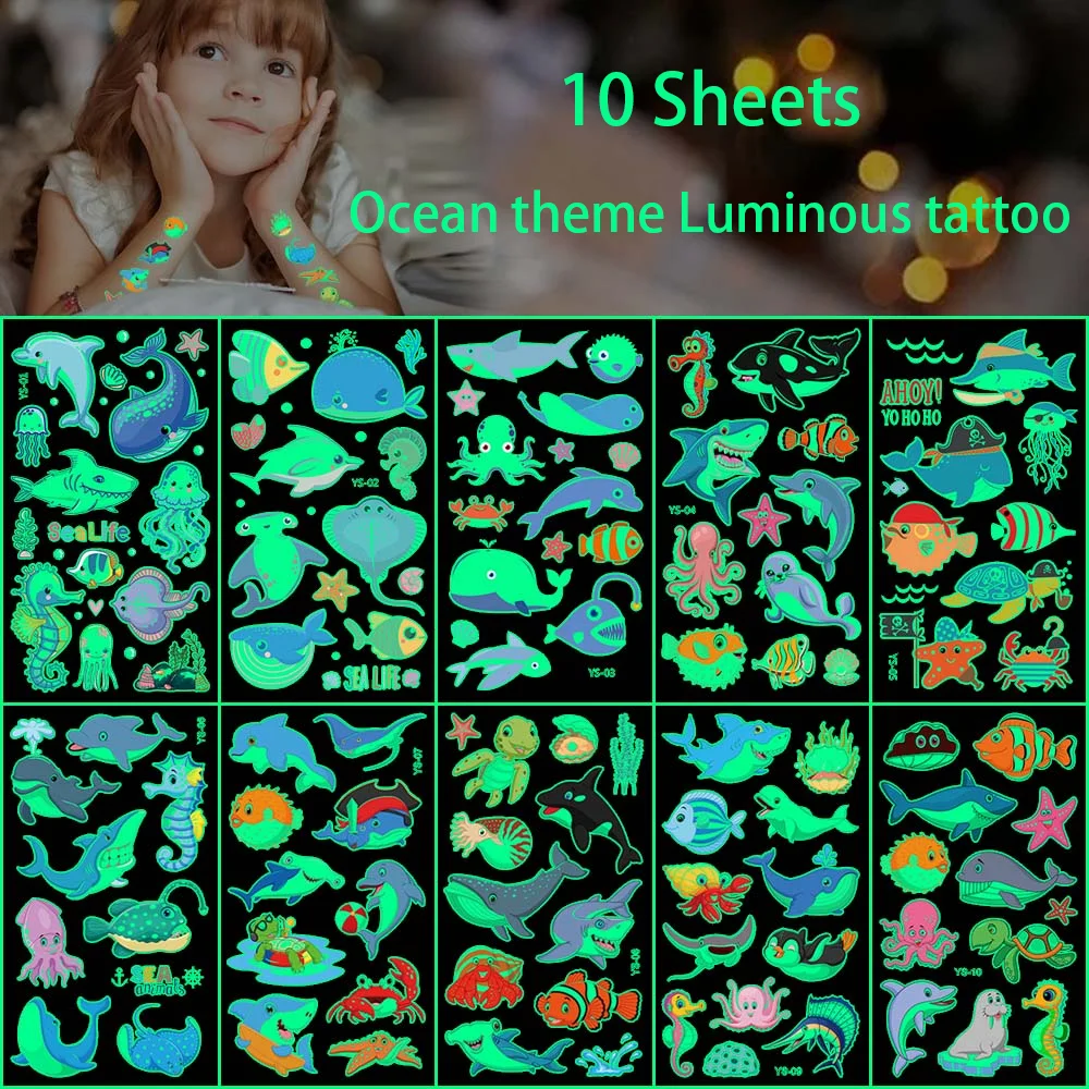 10 Sheets Cute Ocean Animal Shark Theme Luminous Temporary Tattoo Body Face Stickers Toys for Kids Birthday Party Favors Decor