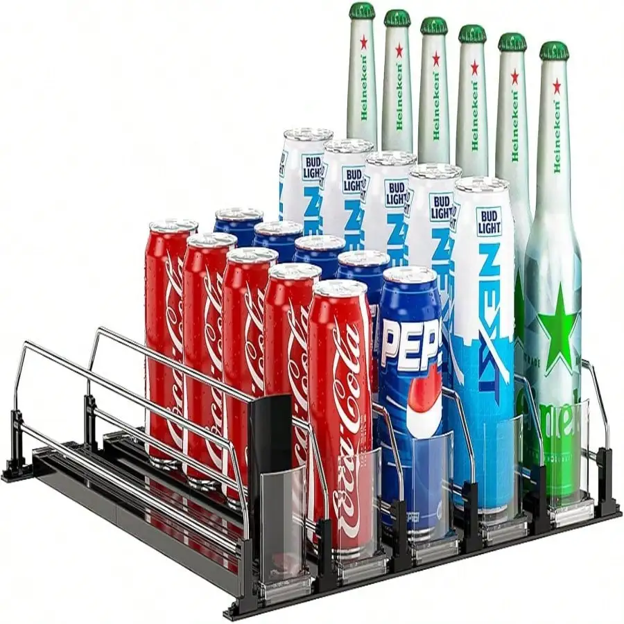Soda Can Dispenser For Refrigerator Modern Self Pushing Drink Organizer For Fridge 5 Rows Width Adjustable Spring Loaded Beer Pop Can Water Bottle Holder Tray For Fridge Pantry Organization Housewarming Gift