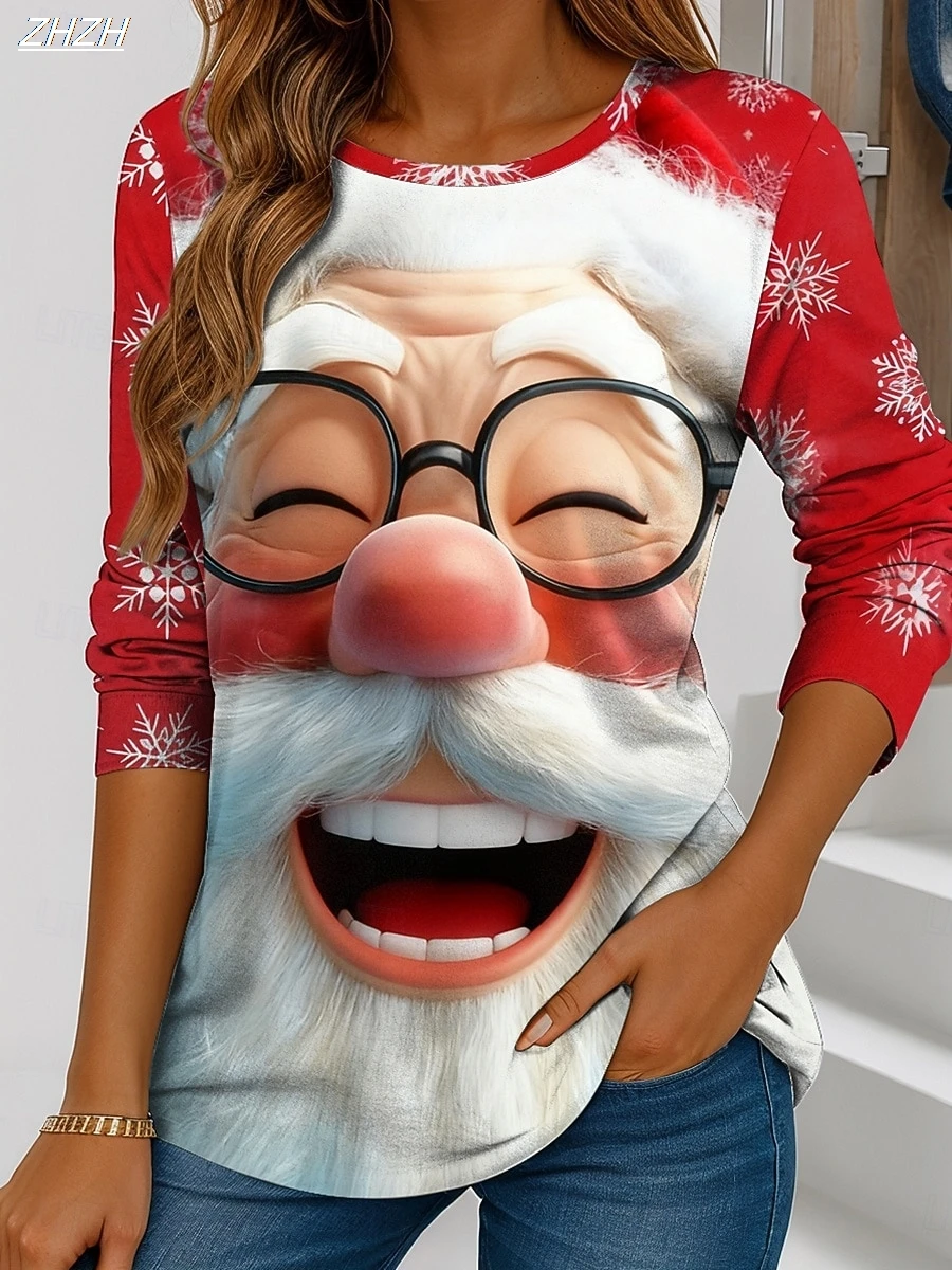 Women's Santa Snowflake Print T-shirt Christmas Theme Long Sleeve, Festive Holiday Style, Winter Casual Comfort Wear