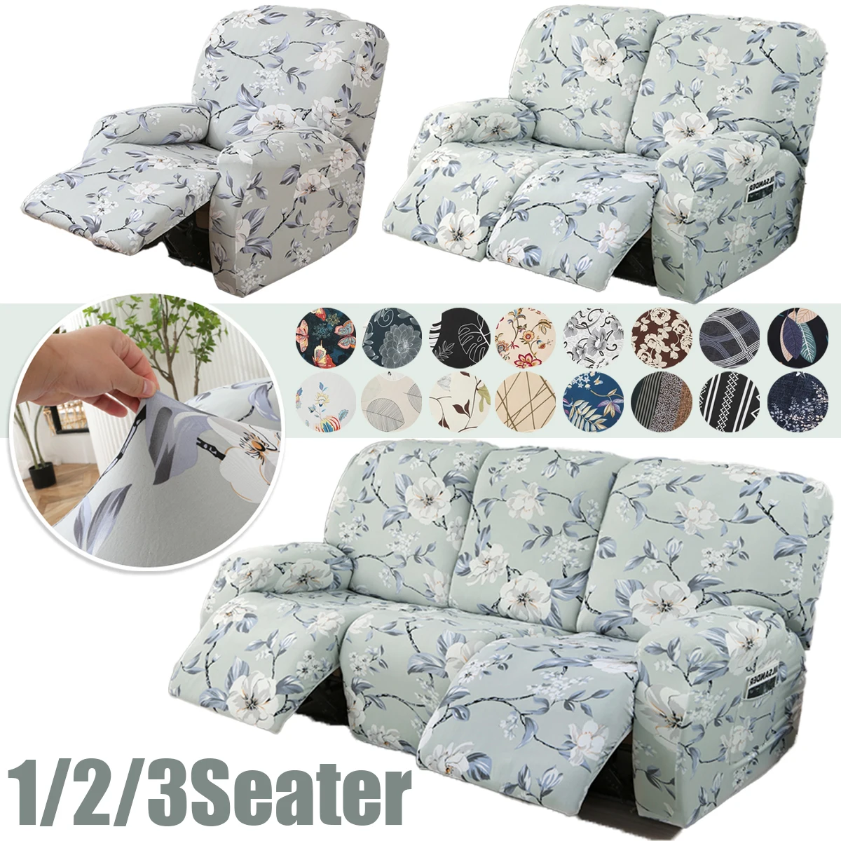 

Recliner Sofa Cover Elastic Bottom Furniture Protector Printed Sofa Covers with Side Pockets For Bedroom Office Living Room Sofa