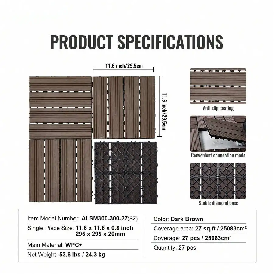 Interlocking Deck Tiles Plastic Wood, 27 Pack,12'X12' 27 Sq. Ft Waterproof Outdoor Flooring All Weather Use, Patio Floor Decking