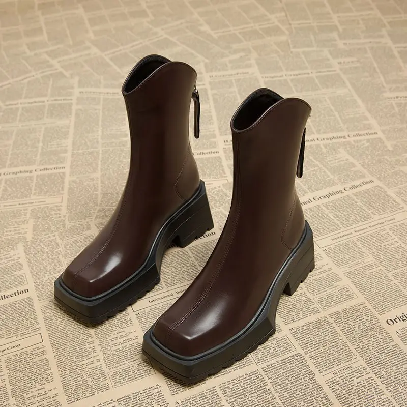 

Vintage Women's Shoes Winter Plush Square Toe Wedges Chunky Heels Fashion Boots Western Boots High Quality Zapatos De Mujes