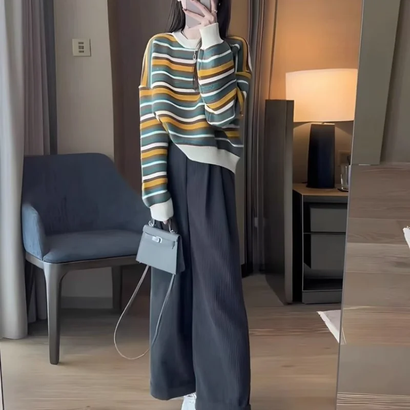 Spring and Autumn Outfits Women\'s Tea Knitted Stripe Pullover Sweater Korean Fashion Straight Tube Trouser Two Piece Set