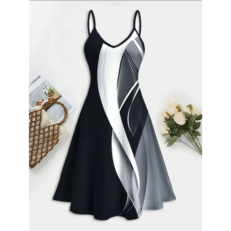 

Black and white skirt European and American new style women's retro print loose fitVCollared Sleeveless Summer Dress