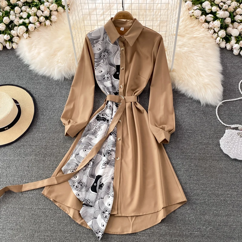 Retro Koreaanse Sle Lente Herfst Hoge Taille Belted Slim Fit Midi Lengte Asymmetrisch Patchwork Lange Sve irt Dr