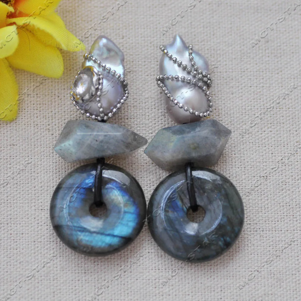 

MTC·STAR Z14567 2.5" 24mm Gray Baroque Keshi Pearl Cube Safety Snap Colorful Tourmaline Dangle Earring