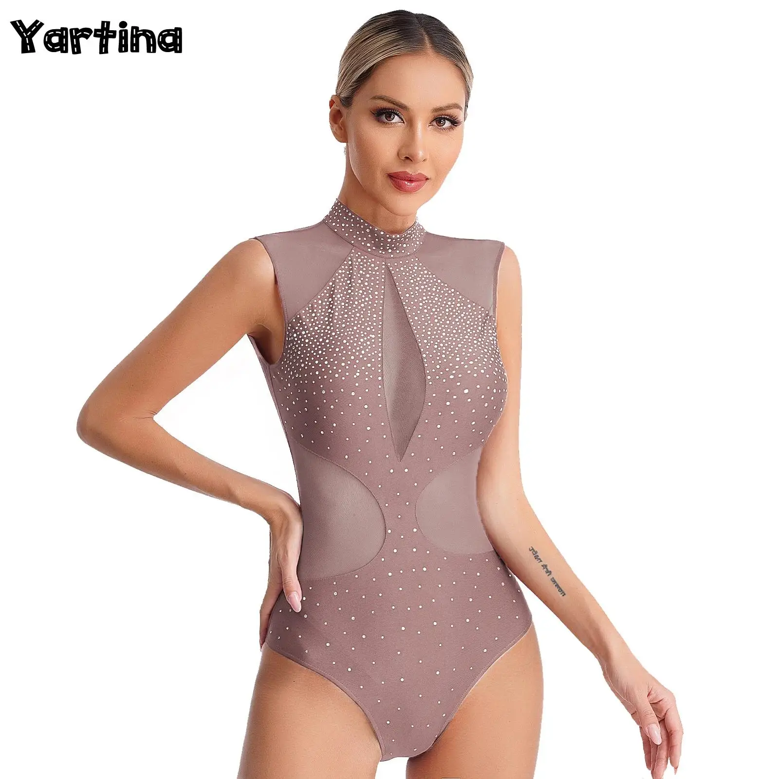 

Womens Sparkly Rhinestones Artistic Figure Skating Leotard Sheer Mesh Cutout Back Bodysuit Rhythmic Gymnastics Dance Performance