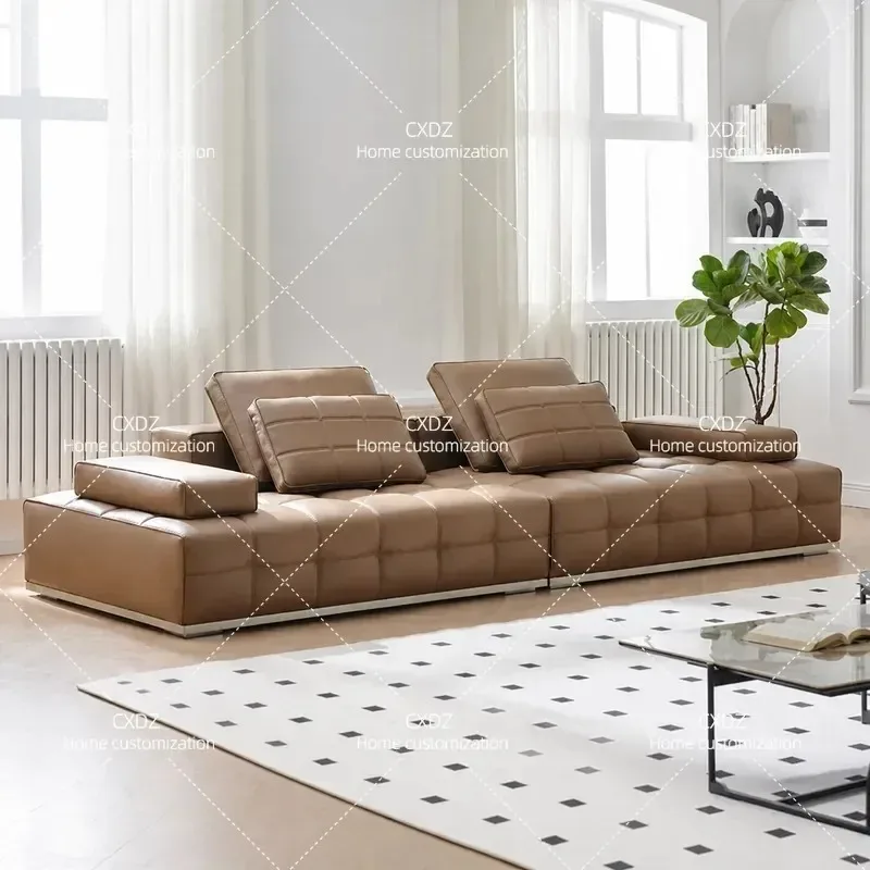High End Leather Sofa Villa Living Room Large Apartment Maillard Retro Modular Italian Minimalist Design