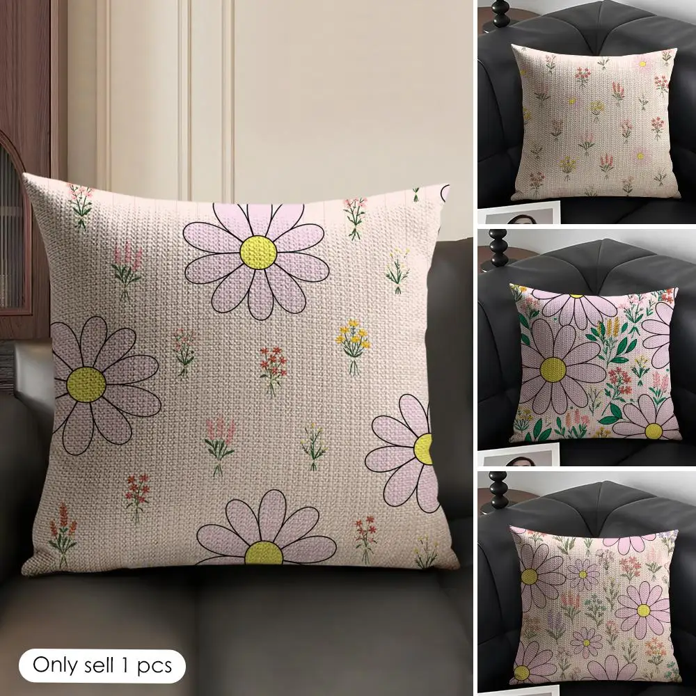 Pink Daisy Floral Seamless Cushion Cover Natural Linen Organic Fabric Double-Sided Printing Breathable Perfect Gift For Decor
