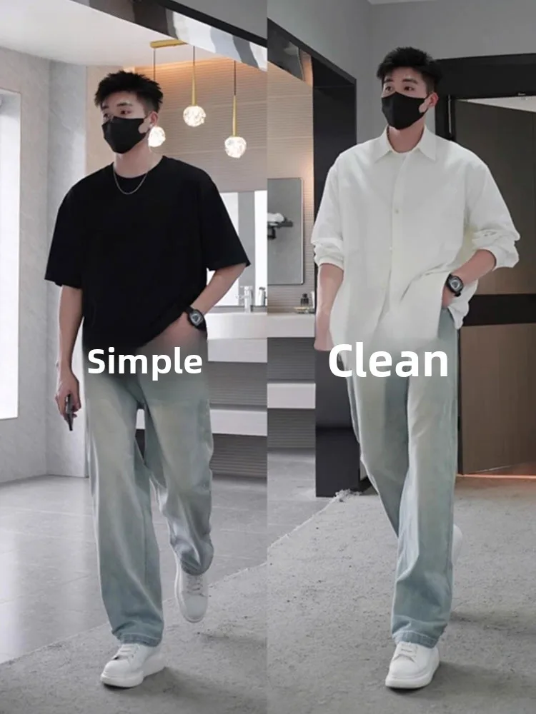 

Американские повседневные свободные мужские джинсы, летние новые модные брендовые брюки прямого кроя с широкими штанинами, молодежная одежда из хлопка и полиэстера