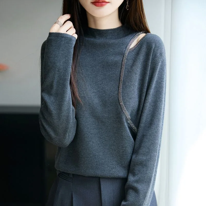

Half Turtleneck Knitted Wool Bottoming Autumn Winter Style Long-sleeved Fashion High-end Sweater with Hollow Collarbone Women
