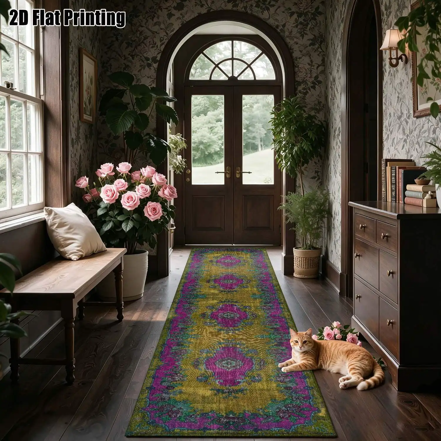 1Pc 2D Printed Long Strip Runner Rug: Retro Pink-Purple Geometric Pattern, European/Bohemian Style, Machine Washable, Multi-Size, Home Decor for Entryway, Hallway, Living Room, Bedroom
