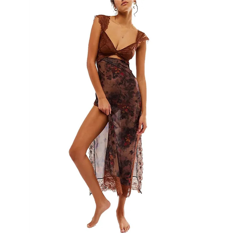 CYL-レディース レース パッチワーク メッシュ マキシドレス 花柄プリント カットアウト スイートハートネック バックレス スリット入り サマー Y2K ロングドレス