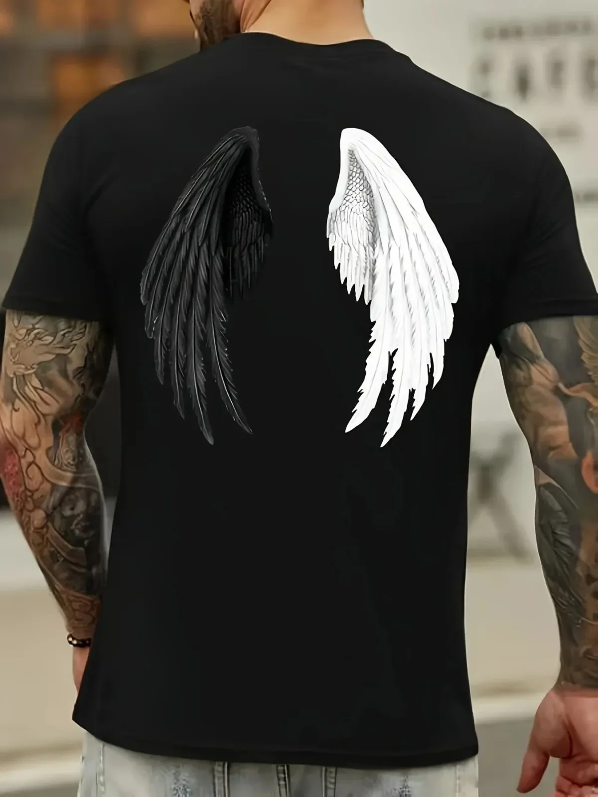 

New hot selling men's loose comfortable breathable round neck T-shirt with angel wing print pattern outdoor trendy top