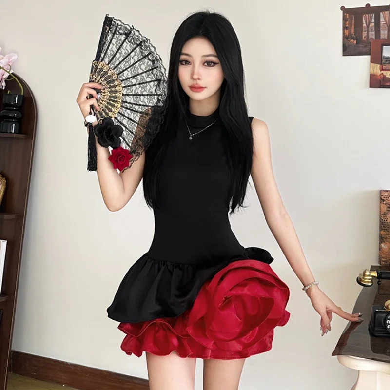 French Retro 3D Rose Birthday Dress Women\'s Sweet Round Neck Sleeveless Slim Waist Short Mini Dress Spicy Girl Floral Bud Dress