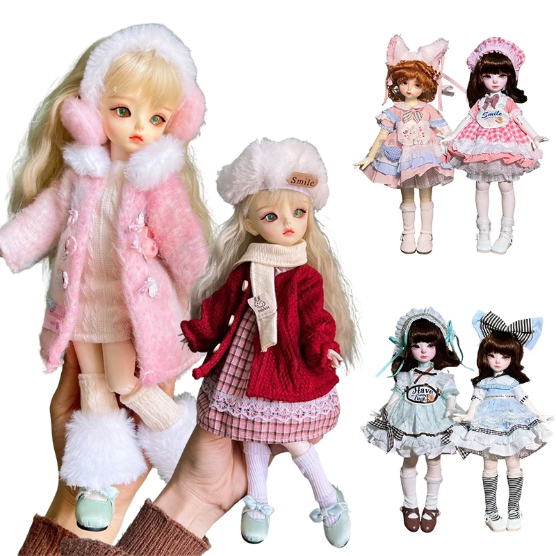 6/1 Doll Outfit Clothes Sweet Pink Girl Coat Luxury Princess Dress 30cm Bjd Doll Cartoon Bear Clothing Hat Socks Set Accessories