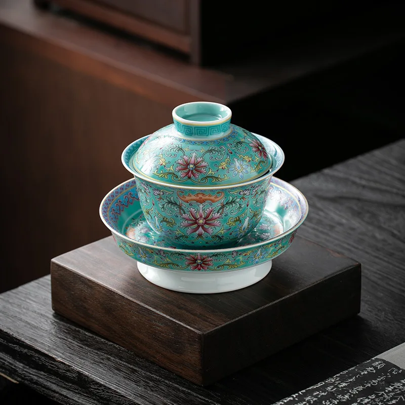 Enamel Color Foot Cover Teacup High-End Ceramic Handmade Large Tea Making Device Household Kung Fu Three-Piece Bowl Combination