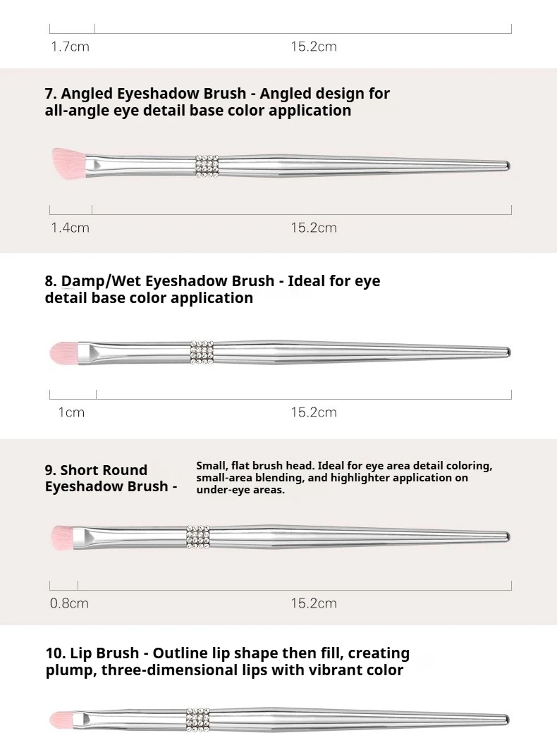 10 pezzi pennello per ombretto contorno labbra pennello per sopracciglia strumenti per trucco di bellezza pennelli per trucco con strass morbido cristallo di fascia alta