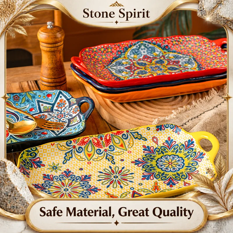 Bohemian Relief Double Ear Ceramic Plate, 13 Inch Fish Plate, Rectangular Baking Tray, Household Utensils, Kitchen Utensils