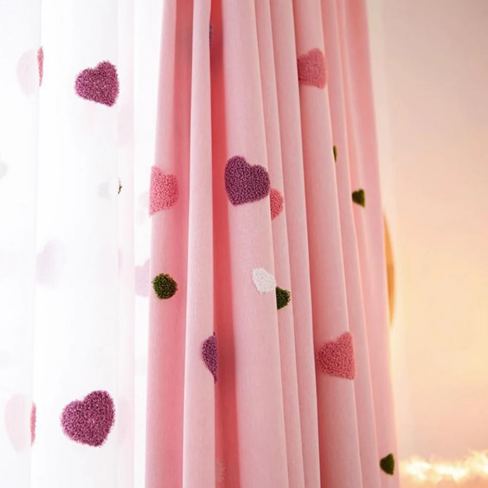 Cartoon Children Pink Embroidered Sheer Tulle 3D Love Heart Blackout Curtain For Girls Living Room Bedroom Window Drapes Cortina