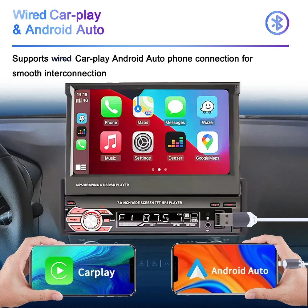 Universal 1 Din MP5 Player 7 Inch Carplay Android Auto Universal  Manual Automatic Retractable Touch Screen Car Player FM Radio