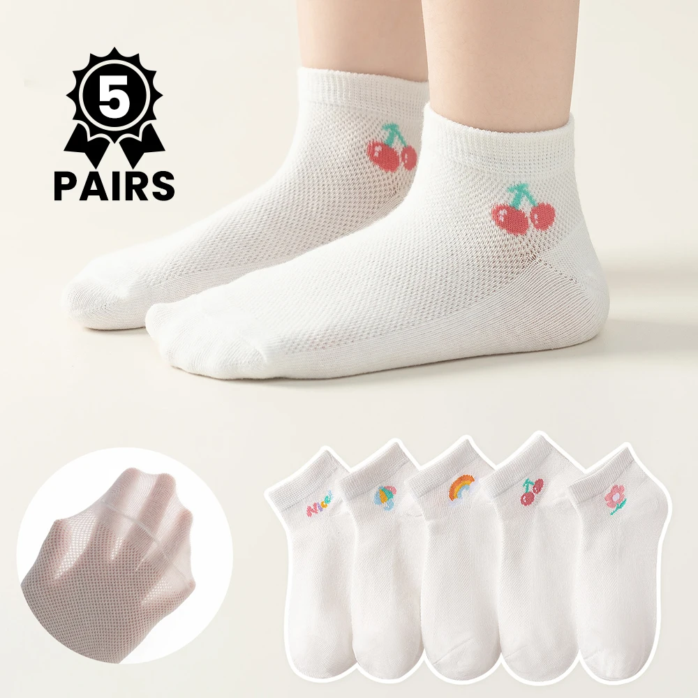 5 Pack Thin Breathable Cotton Ankle Socks Cute Cartoon Fruit Floral Print Elastic Boys Girls Summer Daily School Socks
