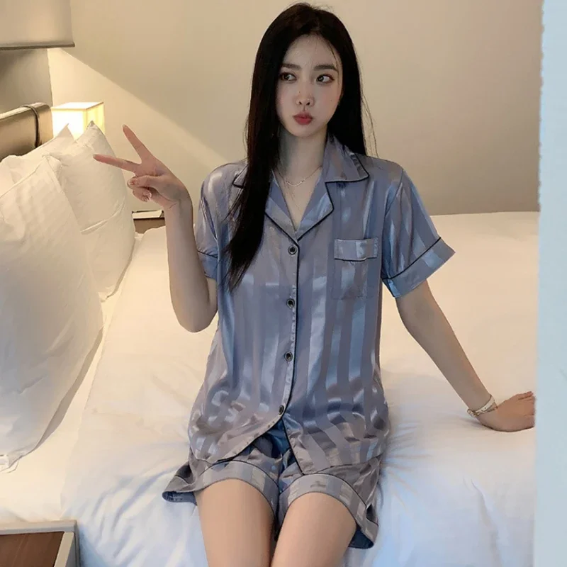 

Women Summer Pajamas Set Elegant Lounge Set Plus Size Satin Silk Striped Button Up Short Sleeve Shirt & Shorts Pajamas Homewear