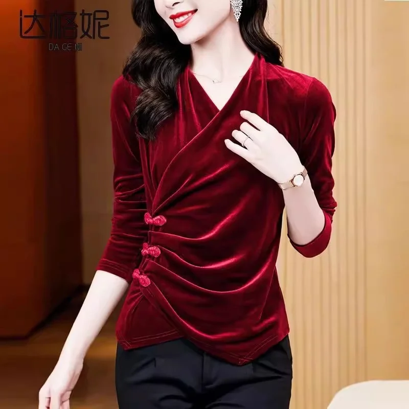 2024 Autumn New Women's Long Sleeved High End Velvet Button Up Shirt V-neck Cross Top Female Versatile Small Shirt External Wear