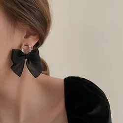 Elegant Lady Bowknot Square Zircon Pendant Ear Button Korean Fashion Earrings for Woman Girls Party Jewelry Gift Accessories