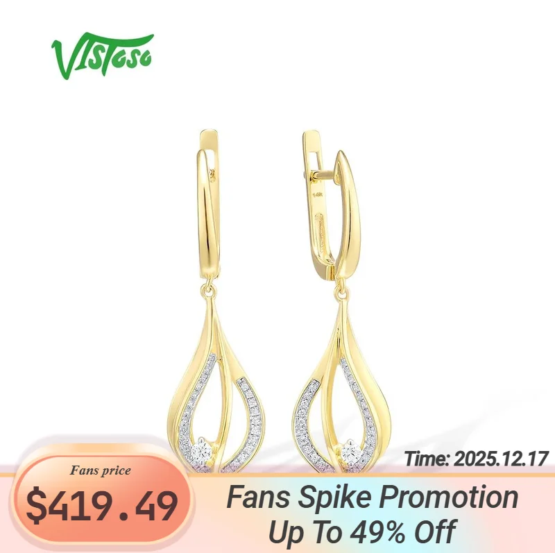 

VISTOSO Gold Earrings For Women Pure 14K 585 Yellow Gold Sparkling Diamond Dangling Earrings Geometric Delicate Fine Jewelry