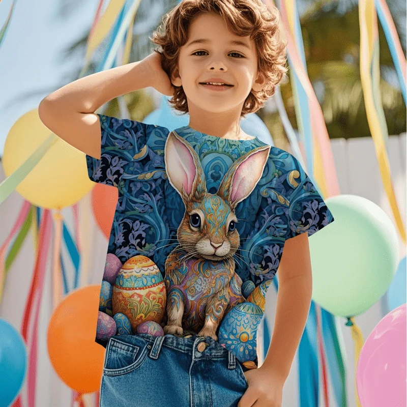 

Baby Boy 3D Bunny T-shirt Toddler Child Easter Egg Pullover Short Sleeve Quick Drying Breathable Sweatshirt Baby Clothes 3-13Y
