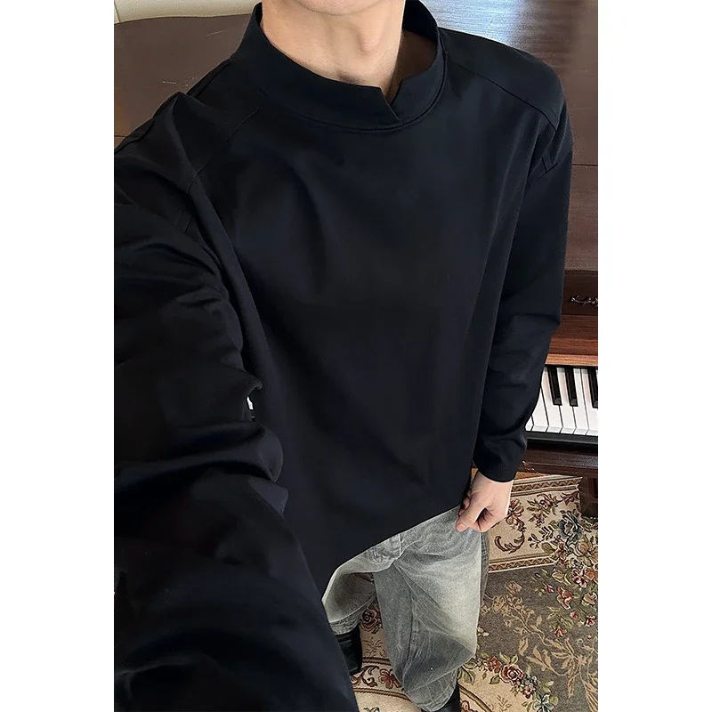 Mens Youth Street Fashion Long Sleeve Top Notched Mock Neck Smooth Plain Material For Daily Hangout Activities