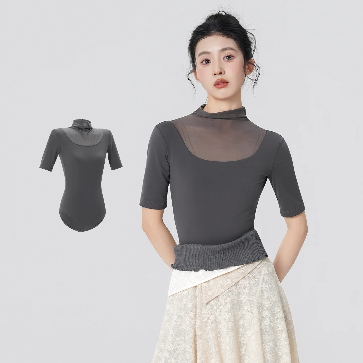 Body da balletto con colletto alla coreana da donna Body da ginnastica per adulti a mezza manica Body da ballo Body con giunture in rete ad alta elasticità