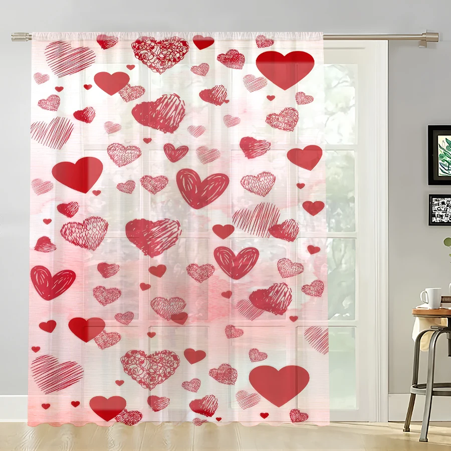 1 peça cortina de gaze decorativa em forma de coração pintada à mão vermelha, romântica e festiva, adequada para quartos e salas de estar