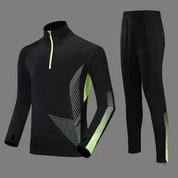 Spring Sports Set Men Stand Neck Zipper Print Elastic Waist Running Football Outdoor Training Clothes Fitness Long Sleeved Suit