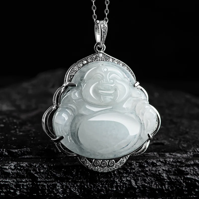 Natural a Cargo Feitsui Buddhle Sculpture Male Maitreya Buddha S925 Silver Inlay NecklaceJade Pendant Women