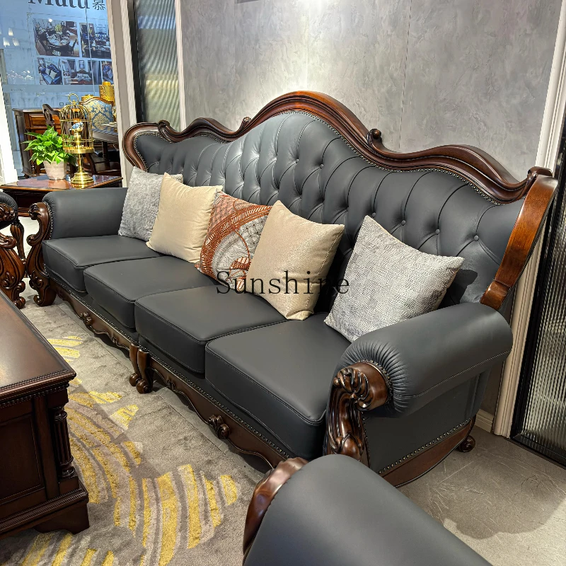 

American rural retro all-solid wood leather combination living room furniture small apartment carved sofa